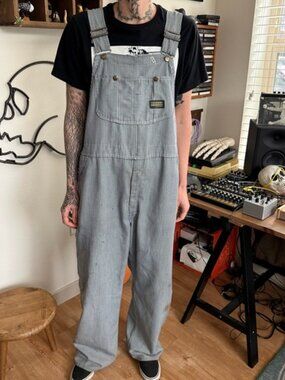 Vintage 60s 70s Sears Hickory Stripe Overalls Union Made USA ~ Size 42 X 30